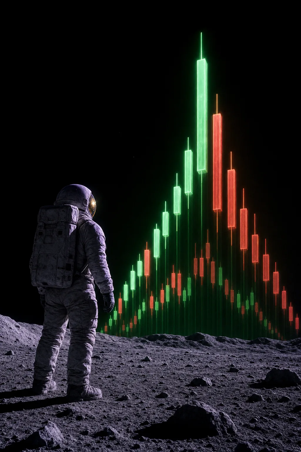 An astronaut on the lunar surface looking up at a towering candlestick chart made of green and red light.