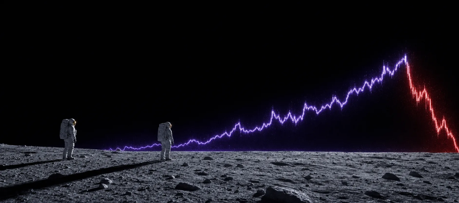 Two astronauts on a lunar surface watching a violet price line rise along the horizon and break sharply downward in red.