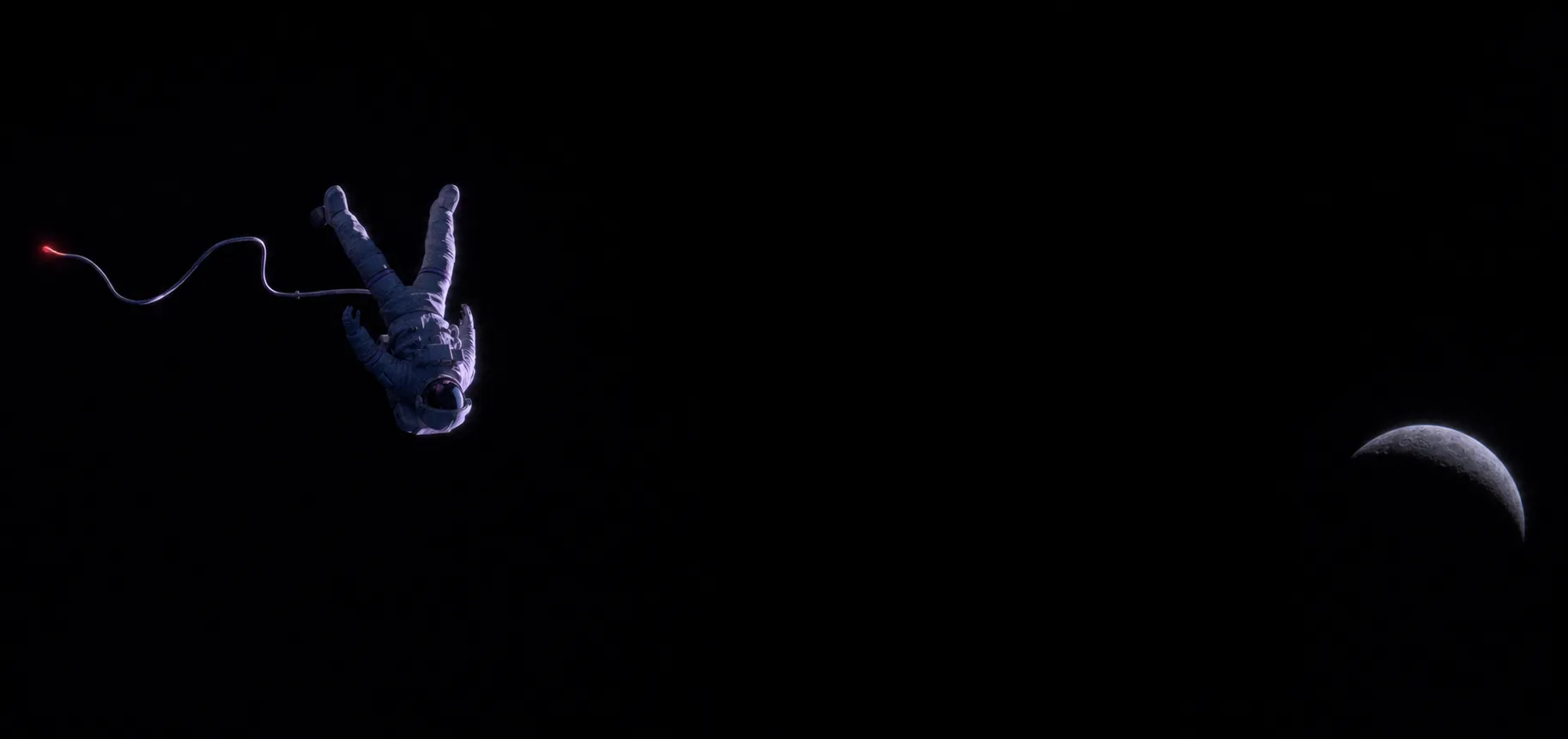 An astronaut drifting untethered in black space, the cut end of the safety line glowing red, a distant lunar horizon out of reach.